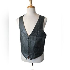 Vintage Dark Green Leather Motorcycle Vest Men’s XL 90s Biker Snap Front